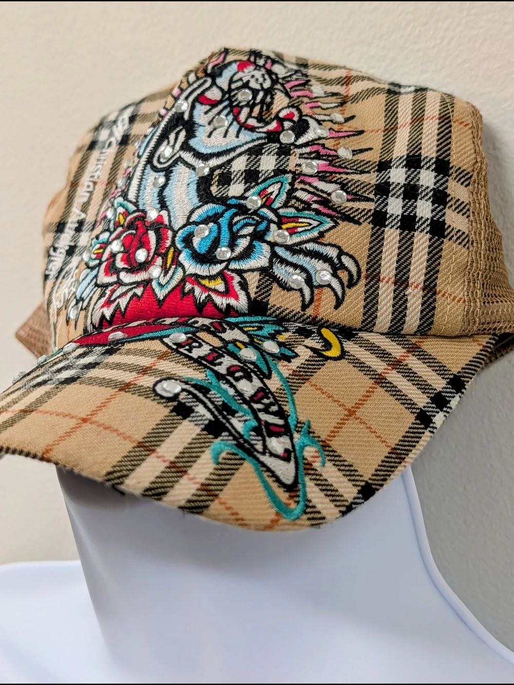 Ed Hardy Vintage Y2K Plaid Trucker Hat with Embroidered Skull and Roses